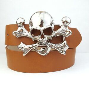 Shiny Silver Skull & Cross bone buckle  w. Tan Belt